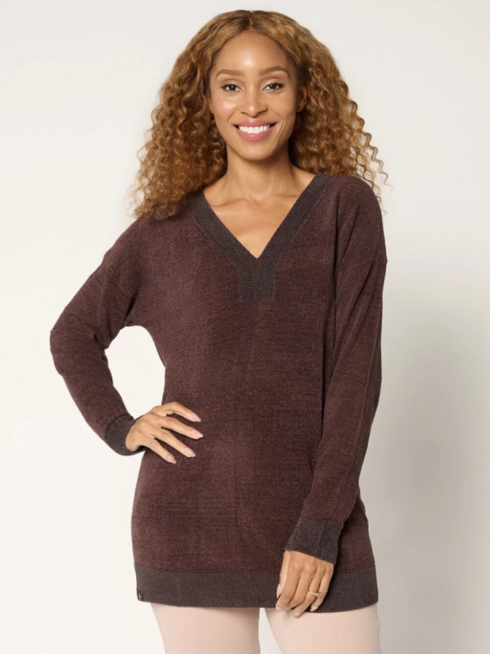 Barefoot Dreams NWT CozyChic Ultra Lite Color Block V-Neck Tunic in Brown Size M